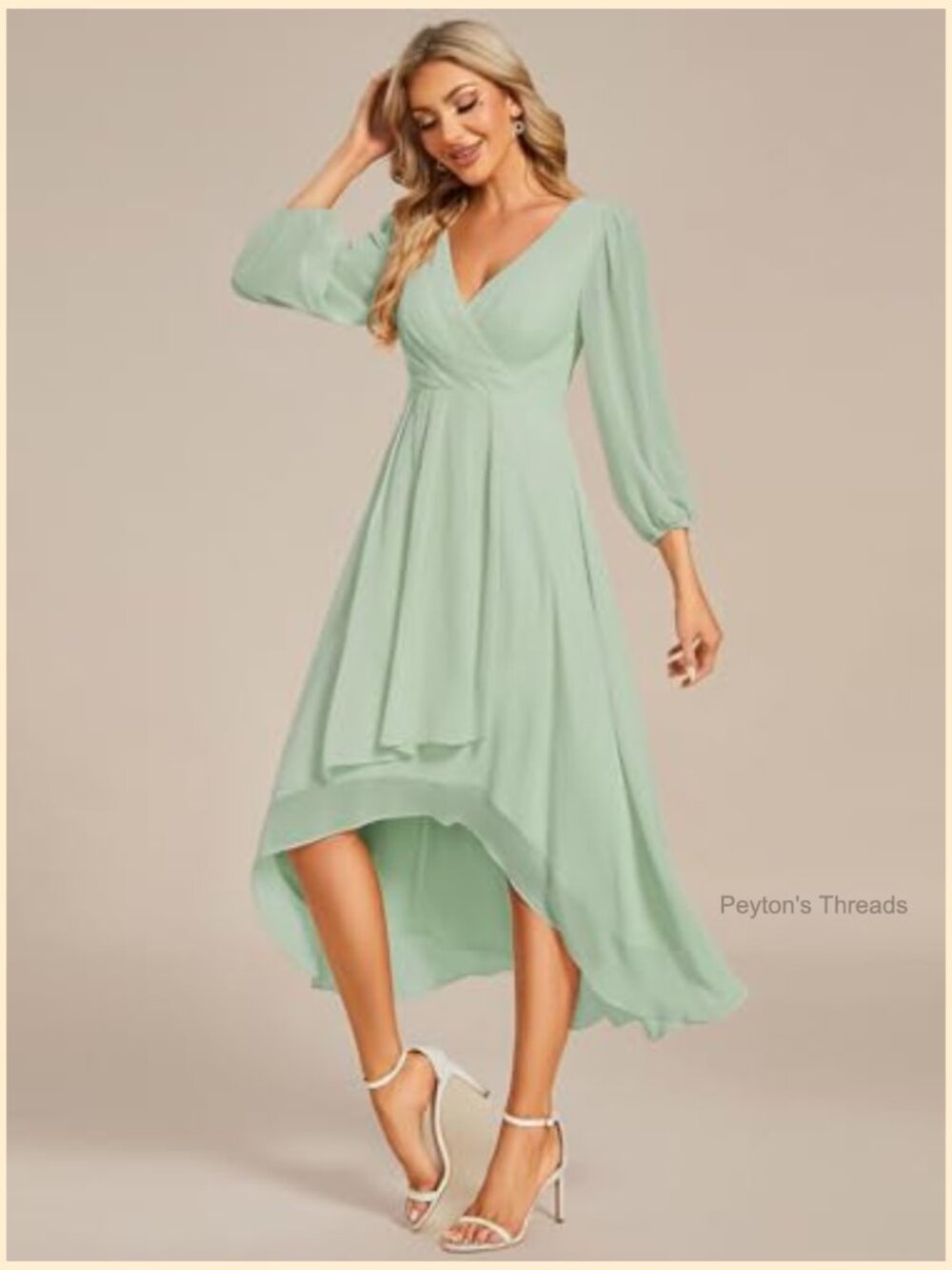 Chiffon V Neck Long Sleeve A-Line Midi Wedding Guest Dress Cocktail Party Formal - Picture 4 of 7
